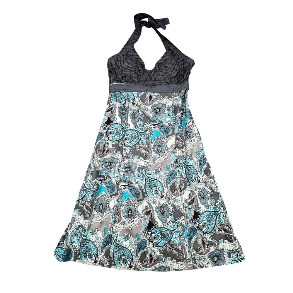 Athleta Gray Teal Paisley Zebra Print Halter A-Line Dress Womens 4